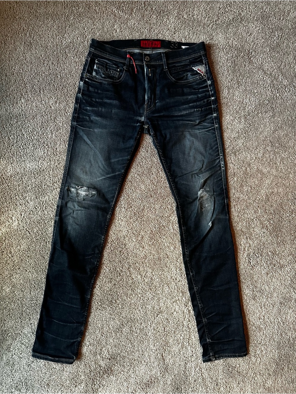 Men's Replay Anbass 914 Dark Wash Distressed Slim Jeans 33x34 Italian market